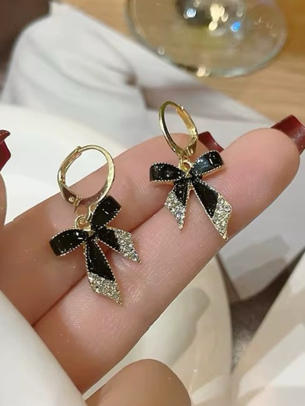 *** High Quality Delicate  Bow Drop Earrings with Black Enamel & Crystal Accent